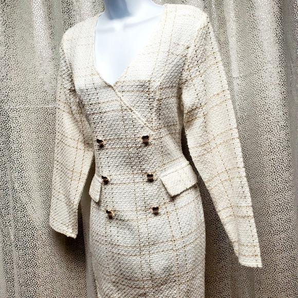 Shein White Plaid & Gold Button Detail Tweed Dress - Picture 6 of 8